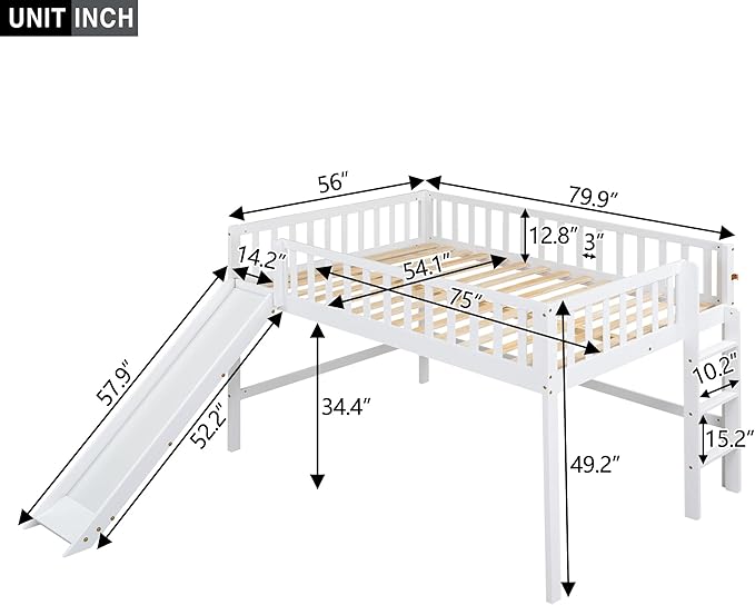 Full Size Low Loft Bed with Ladder and Slide,Vertical Design Wooden Bed Frame, for Kids and Young Teens, No Box Spring Required,Space-Saving,White