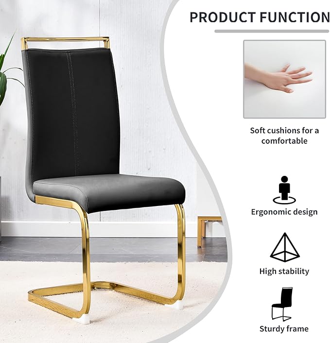 Modern Dining Chairs Set of 6,High Back Black Kitchen Chairs,Faux Leather Side Chair with Gold Plated Metal Legs,Easy to Clean Upholstered Dining Chairs,Ideal for Living Room(Gold Leg)