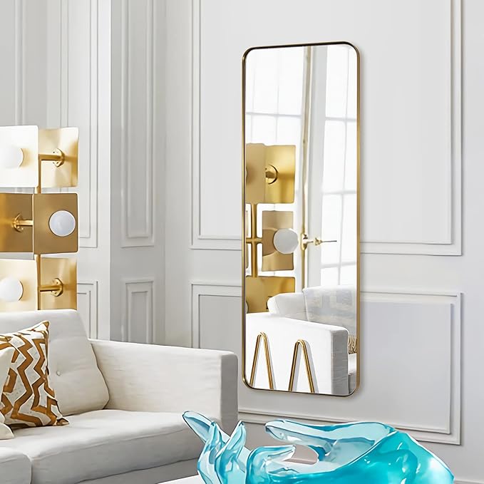 ANDY STAR 18" x 48" Full Length Wall Mirror, Large Brushed Gold Mirror for Bathroom, Rounded Corner Rectangle Body Mirror for Floor and Leaning