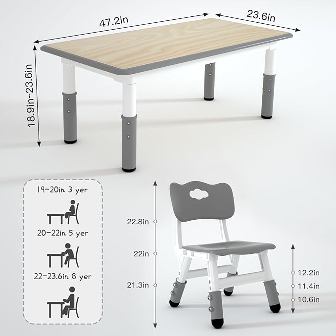 Kids Table and 6 Chairs Set，Height Adjustable Children Table & Chair，Toddlers Study Multi-Activity Table with 47.2"x23.6" Wipe-Clean Desktop，for Classrooms, Homes & Daycares