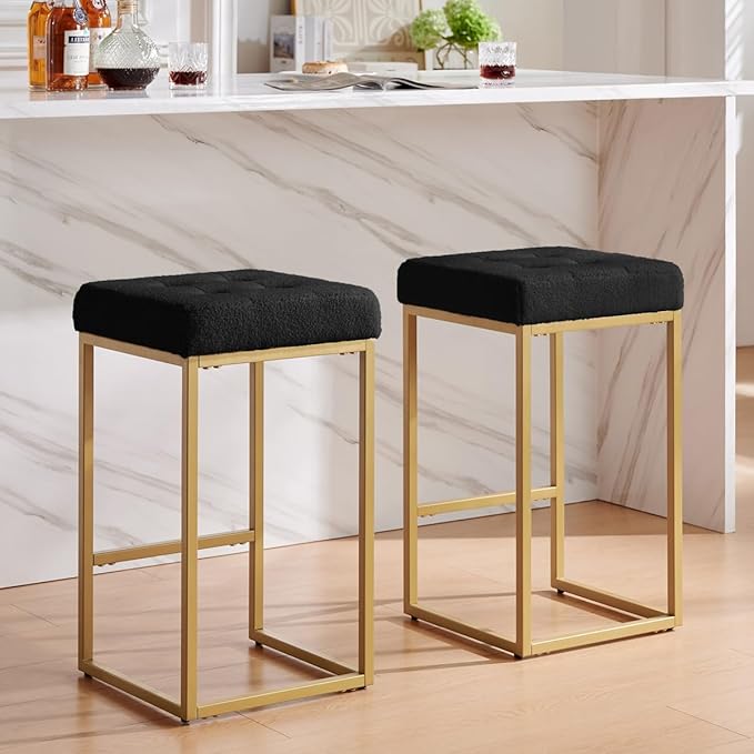 24KF Contemporary Counter Height Bar Stool Set of 2 for Kitchen Island, 26" H Teddy Fabric Padded Gold Barstool Bar Chair,5066-Teddy Black