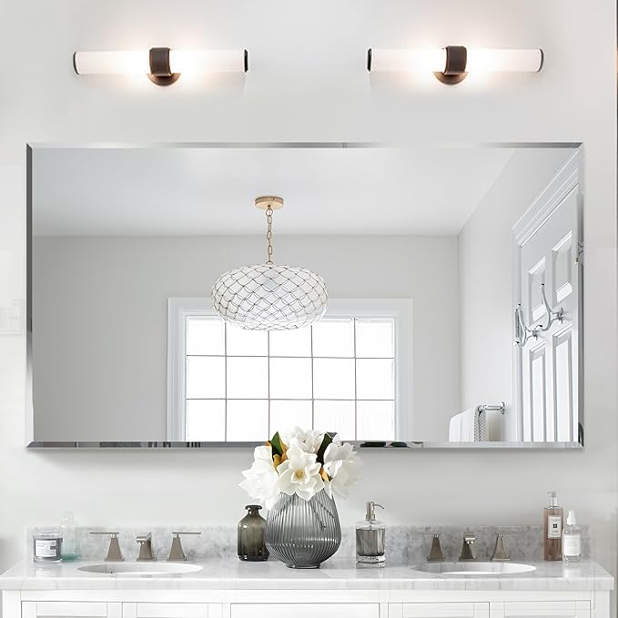 Frameless Beveled Edge Bathroom Mirror 55x30 Inch Rectangle Wall Mirror Explosion Proof and Shatterproof Bathroom Vanity Mirror Wall Mounted Hang Firmly (Horizontal or Vertical)