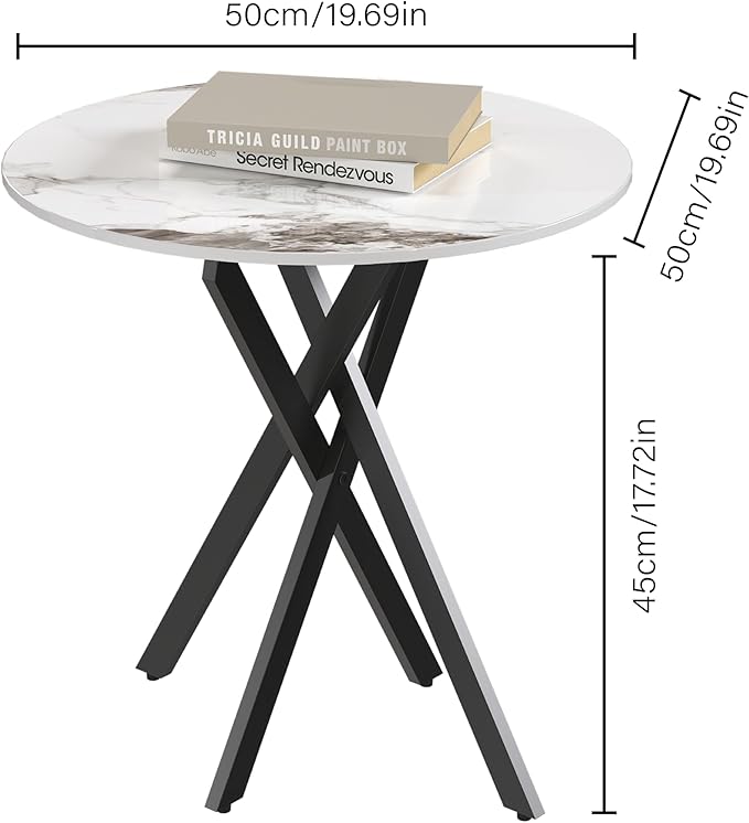 Small Round Marble Side Coffee Table with Metal Legs, Sintered Stone White Modern End Table for Living Room Sofa Home Bed Office (1 Piece, 20"×20"×18")