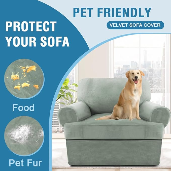 H.VERSAILTEX Sofa Cover 2 Piece T Cushion Armchair Slipcovers Thick Velvet Couch Cover Stretch T Cushion Sofa Covers for 1 Cushion Couch with 1 Individual T Cushion Covers Washable, Sea Grass