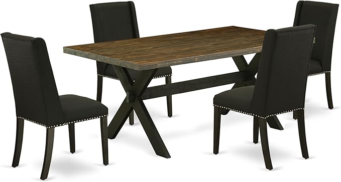 East West Furniture X677FL624-5 5 Piece Dining Room Furniture Set Includes a Rectangle Dining Table with X-Legs and 4 Black Linen Fabric Parsons Chairs, 40x72 Inch, Multi-Color
