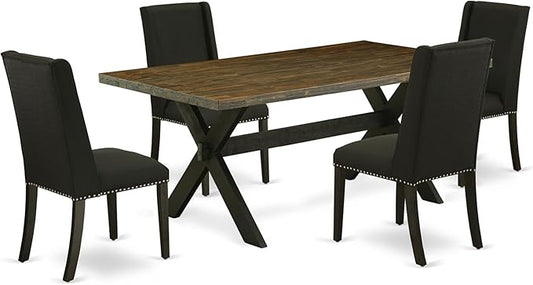 East West Furniture X677FL624-5 5 Piece Dining Room Furniture Set Includes a Rectangle Dining Table with X-Legs and 4 Black Linen Fabric Parsons Chairs, 40x72 Inch, Multi-Color