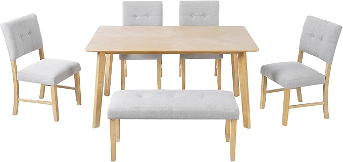Merax 6 Piece Solid Wood Dining Table Set for 6, Rustic Farmhouse Rectangular with 4 Upholstered Wooden Chairs and 1 Bench, Kitchen Room, Natural Wood Wash