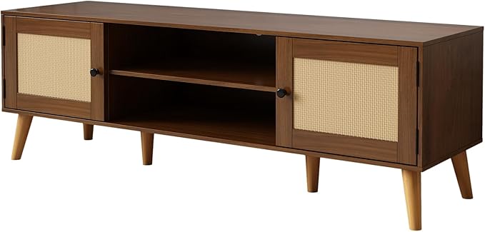 TV Stand for TVs up to 65 inches, Rattan Grain Finish Panel with 2 Storage cabinets, Modern Minimalist Style, Living Room, Audio-Visual Room for Multiple Rooms,3 Colors Available (Walnut)