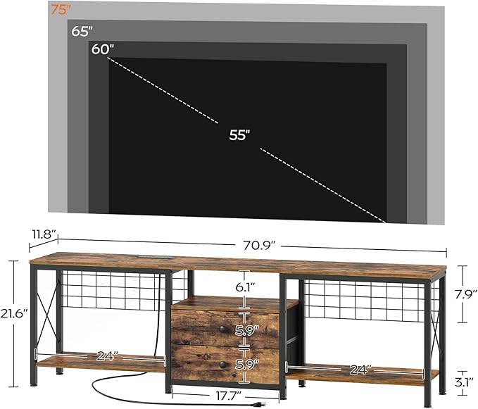 TV Stand with Power Outlet Up to 75 Inch, Entertainment Center with 2 Fabric Drawers, TV Console Table with Open Storage Shelves for TVs, Cable Management, for Living Room, Bedroom, DS18UBRY1
