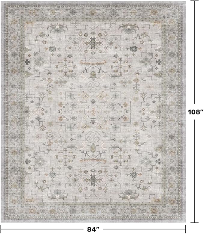 Boho Light Grey Living Room Rug 7x9 - Modern Eclectic Floral Paste Neutral Taupe, Washable Low Pile Non-Slip Large Area Rugs for Dining Under Table, Bedroom Under Bed