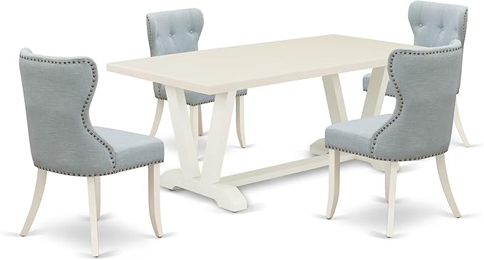 East West Furniture V027SI215-5 5 Piece Dining Table Set for 4 Includes a Rectangle Kitchen Table with V-Legs and 4 Baby Blue Linen Fabric Upholstered Chairs, 40x72 Inch, Multi-Color