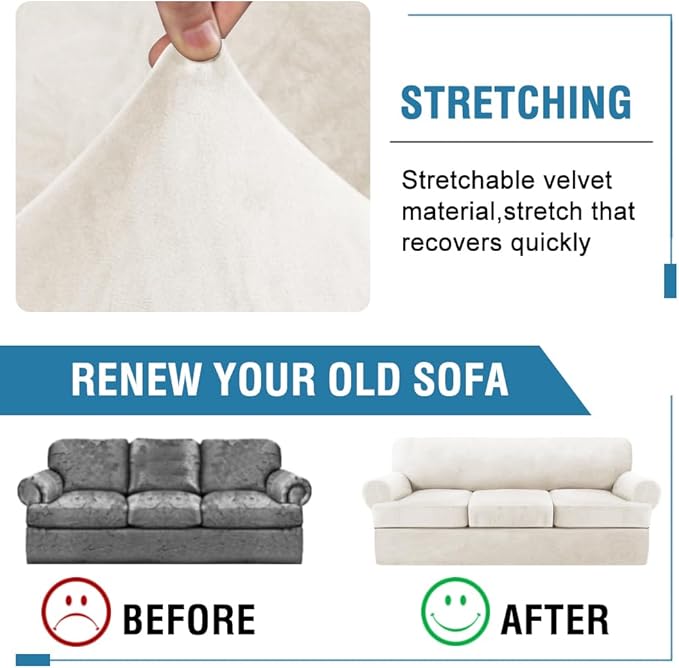 H.VERSAILTEX Sofa Cover 4 Piece T Cushion Sofa Slipcovers Thick Velvet Couch Cover Stretch T Cushion Sofa Covers for 3 Cushion Couch with 3 Individual T Cushion Covers, Porcelain