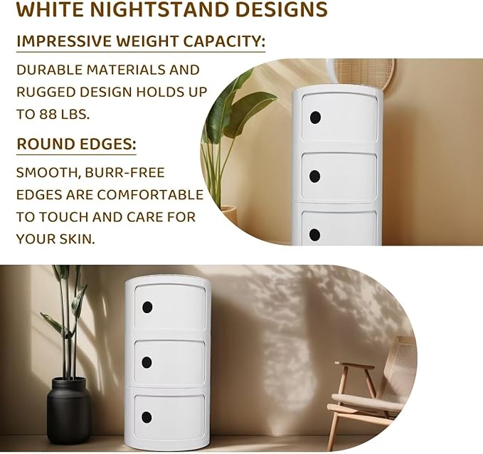 3 Tier Round with Storage, Modern Style Side Table, Multifunctional End Table Storage Cabinet for Living Room, Bedroom, Bathroom (White)