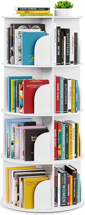 Rotating Bookshelf Tower, 360 Spinning Book Shelf for Kids Rooms, Small Corner Bookshelf for Kids, Round Revolving Bookcase Floor Standing Bookcase Book Storage Classroom Furniture, White, 4 Tier