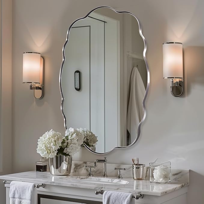 ANDY STAR Chrome Vintage Scalloped Mirror - 30x40 Inch Retro Bathroom Mirror, Unique Irregular Oval Wavy Mirror with Heavy Duty Metal Frame