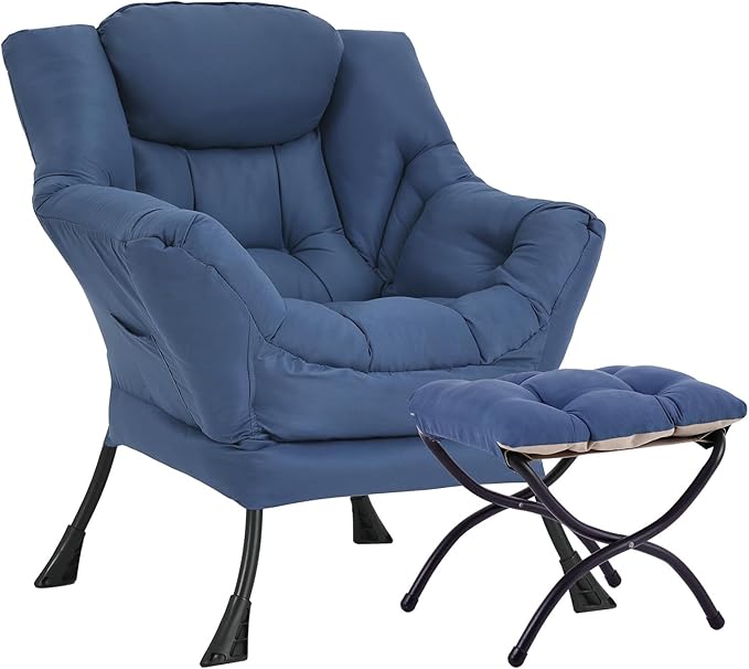 Large Lazy Chair with Ottoman, Accent Reading Chair with a Footrest, Cozy Lounge Armchair, Leisure Sofa Armchair for Living Room, Bedroom, Dorm Room, Office (Royal Blue)