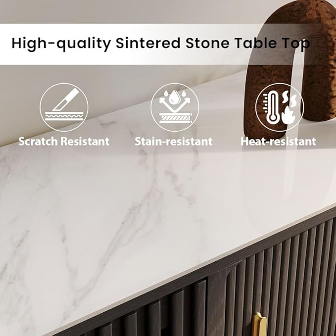 POVISON Fully-Assembled Mid Century Modern Black TV Stand with White Glossy Sintered Stone Tabletop & LED Lights, Rolling Door Media Console, Wood TV Console for Living Room