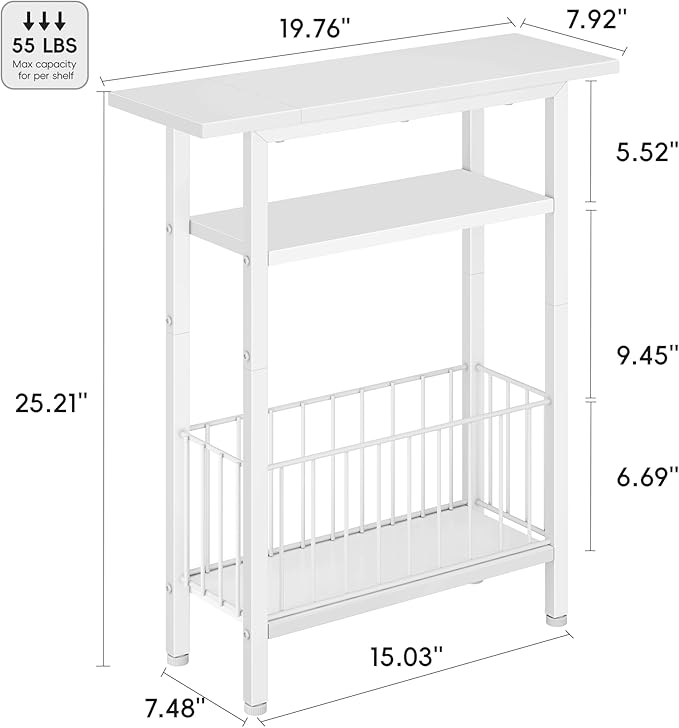 Vagusicc Narrow Side Table, Skinny Side Table for Couch, 3-Tier Small End Table for Small Spaces, Bed Side Tables with Storage, 25.2" Tall Slim Nightstand Bedside table for Living Room, Bedroom, White