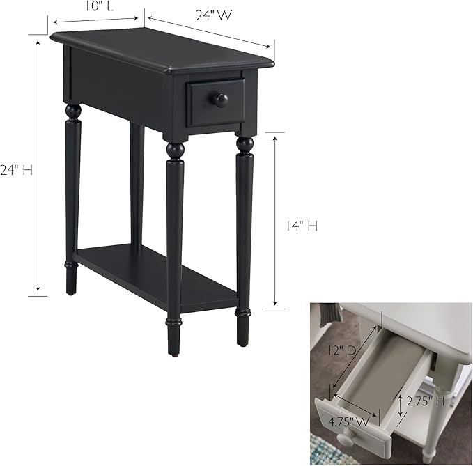 Leick Home Narrow End Table, Solid Wood, Black, 1 Drawer, 1 Display Shelf, Small Size, Easy Assembly, 10.01 in W x 23.46 in D x 23.98 in H, 20017-BK