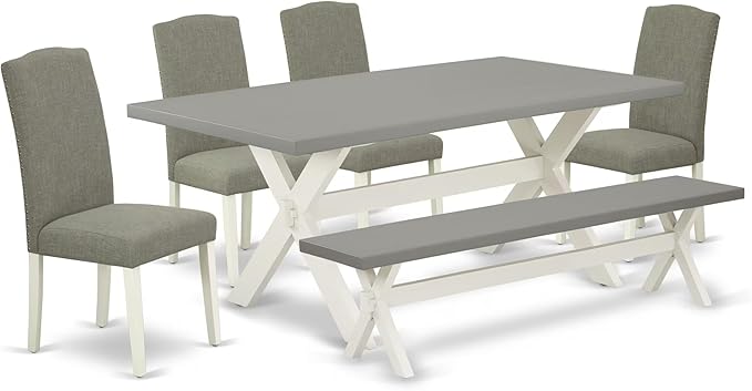 East West Furniture X097EN206-6 6 Piece Dining Set Contains a Rectangle Dining Room Table with X-Legs and 4 Dark Shitake Linen Fabric Parson Chairs with a Bench, 40x72 Inch, Multi-Color