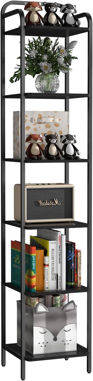 Book Shelf, 6 Tier Bookshelf, Bookcase with 6 Shelves, Storage Rack Organizer, Corner Wood Storage Shelf with Metal Frame for Bedroom, Living Room, Black