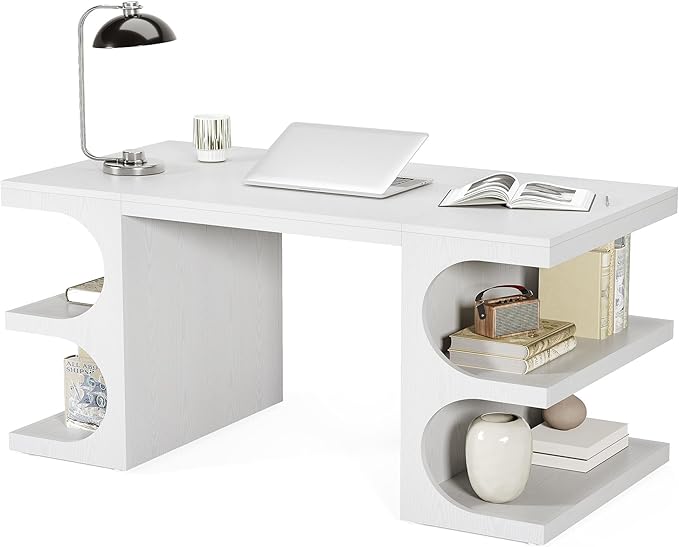 LITTLE TREE 62.2-Inch Executive Desk, Modern Home Office Desks, Office Table with Storage Shelves for Workspace, Large Computer Desk, Long Contemporary Writing Desk, White