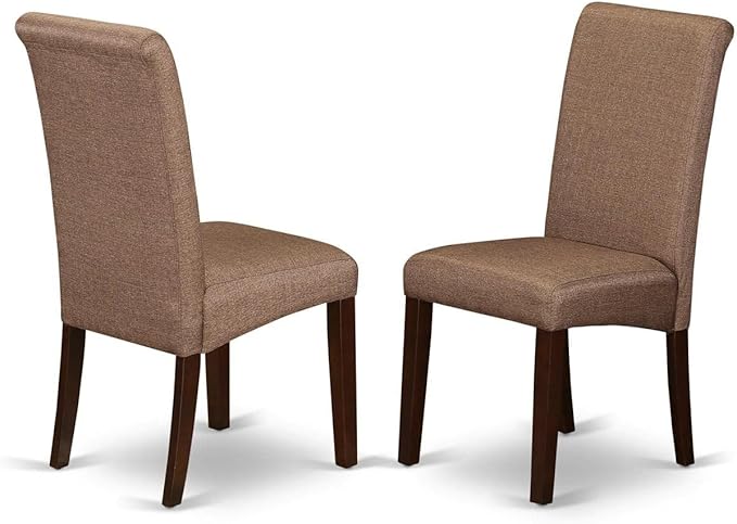 East West Furniture DLBA5-MAH-18 5 Piece Dining Room Table Set Includes a Round Kitchen Table with Dropleaf and 4 Brown Linen Linen Fabric Parson Dining Chairs, 42x42 Inch, Mahogany