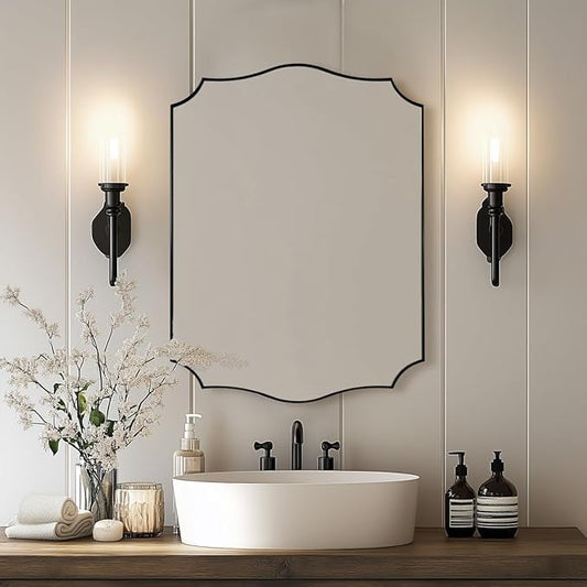 Black Wall Mirror, 24x36 Scalloped Mirror for Bathroom, Anti-Rust Metal Frame Vanity Mirrors for Living Room, Bedroom, Fireplace