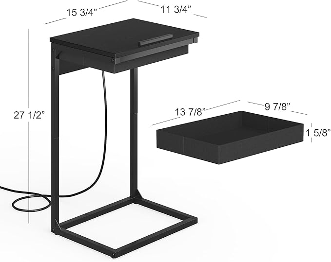 C Shaped End Table with Charging Station, 45° Tiltable Adjustable Flip Top Side Table with Storage,Small C Table for Small Spaces,Slide Under Couch Sofa Bedside Table for Living Room, Black