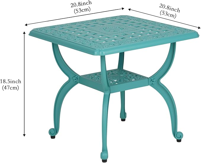JARDIN DE CENTENNIAL Cast Aluminum Outdoor Side Table,Anti-Rust Outdoor End Table,Patio Coffee Bistro Table for Indoor,Garden,Porch,Balcony(Square Blue)