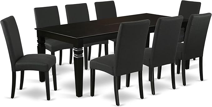East West Furniture LGDR9-BLK-24 9 Piece Dining Room Set Includes a Rectangle Kitchen Table with Butterfly Leaf and 8 Black Color Linen Fabric Upholstered Chairs, 42x84 Inch, Black