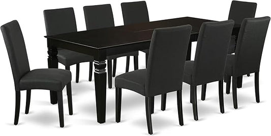 East West Furniture LGDR9-BLK-24 9 Piece Dining Room Set Includes a Rectangle Kitchen Table with Butterfly Leaf and 8 Black Color Linen Fabric Upholstered Chairs, 42x84 Inch, Black