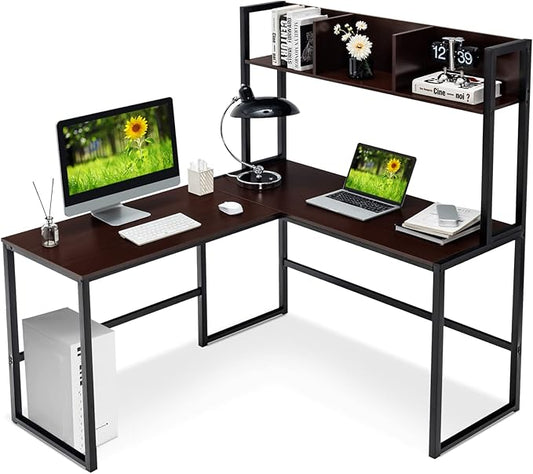Tangkula Reversible L-Shaped Desk with Hutch, Space Saving Corner Computer Desk with Storage Shelves, Home Office Study Writing Desk Computer Workstation with Storage Bookshelf, Gaming Desk