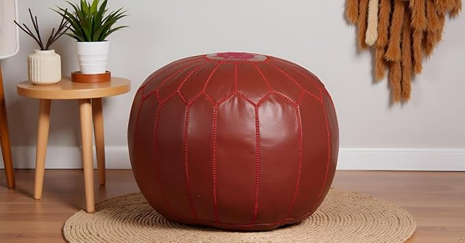 Stuffed Round Design Moroccan Leather Pouf Ottoman, Handmade, Pre-Filled, 100% Genuine Leather, 13” Height x 20” Diameter, Footstool & Living Room Décor (Garnet)