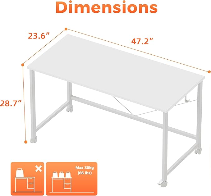 Rolling Computer Desk with Wheels, Gaming Desk for Small Spaces, Modern Simple Style Table for Home Office, Study Writing Table (Caster, White, 48 inch)