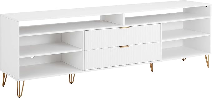 Manhattan Comfort Dumbo Mid Century Modern TV Stand for Televisions up to 80 Inches, Home Entertainment Center with Storage, 6 Shelves, 2 Drawers, No Tool Assembly, 85" Wide, White