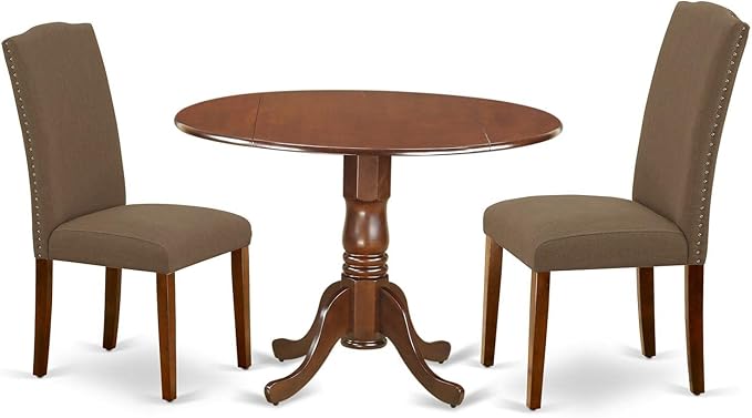 East West Furniture DLEN3-MAH-18 3 Piece Dining Room Furniture Set Contains a Round Dining Table with Dropleaf and 2 Dark Coffee Linen Fabric Parsons Chairs, 42x42 Inch, Mahogany