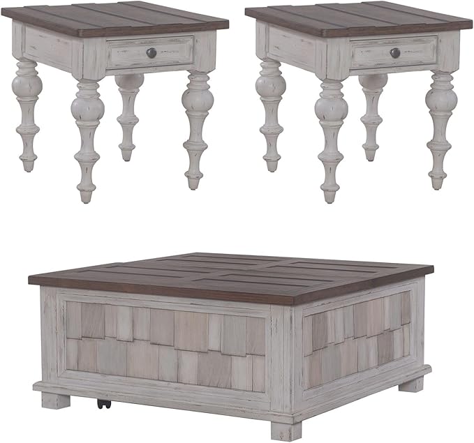 Liberty Furniture River Place Living Room Opt 3 Piece Set - Lift Top Cocktail Table, 2 End Tables - Riverstone White & Tobacco