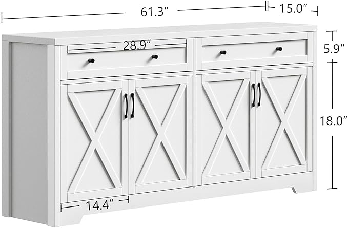 61'' Farmhouse Sideboard Buffet Cabinet with Storage, Large Kitchen Storage Cabinet with Barn Doors Drawers, White Coffee Bar Table for Dining Room Kitchen