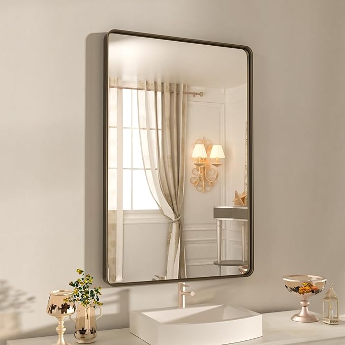 WEER 24x36 Inch Bronze Bathroom Mirror for Vanity, Brushed Bronze Metal Frame Rounded Rectangle Mirror with Tempered Glass, Anti-Rust (Horizontal/Vertical)