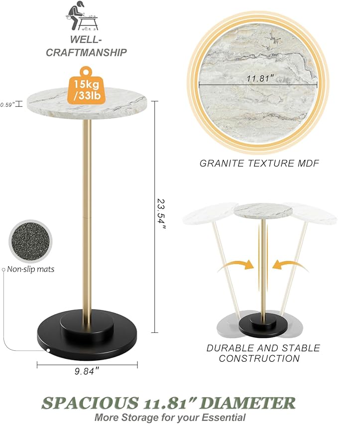 Round Side Table, Small Drink Table for Small Spaces, Modern Accent End Table Coffee Table with Metal Leg for Living Room, Bedroom, Corners, and Office (Marble)
