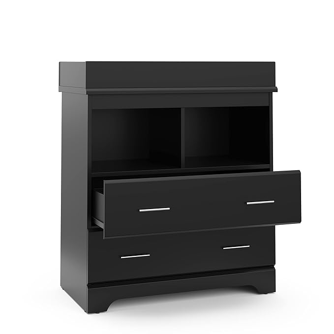 Storkcraft Brookside 2 Drawer Changing Table Dresser (Black) – GREENGUARD Gold Certified, Easy-to-Match Chest of Drawers and Cubbies for Nursery and Kids Bedroom, Includes Changing Table Topper