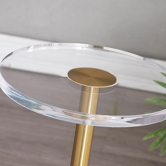 LIKENOW Furniture Acrylic Side Table,Clear Small Round End Table for Living Room,Bedroom,Office | Modern Nightstand with Marble Base,Gold Post,Clear Top for Drink,Food,Snack,Assembly(Black)
