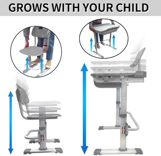 Kids Desk and Chair Set, Height Adjustable Children School Study Desk with Tilt Desktop, Bookstand, LED Lamp, Metal Hook and Storage Drawer for Boys Girls, Grey