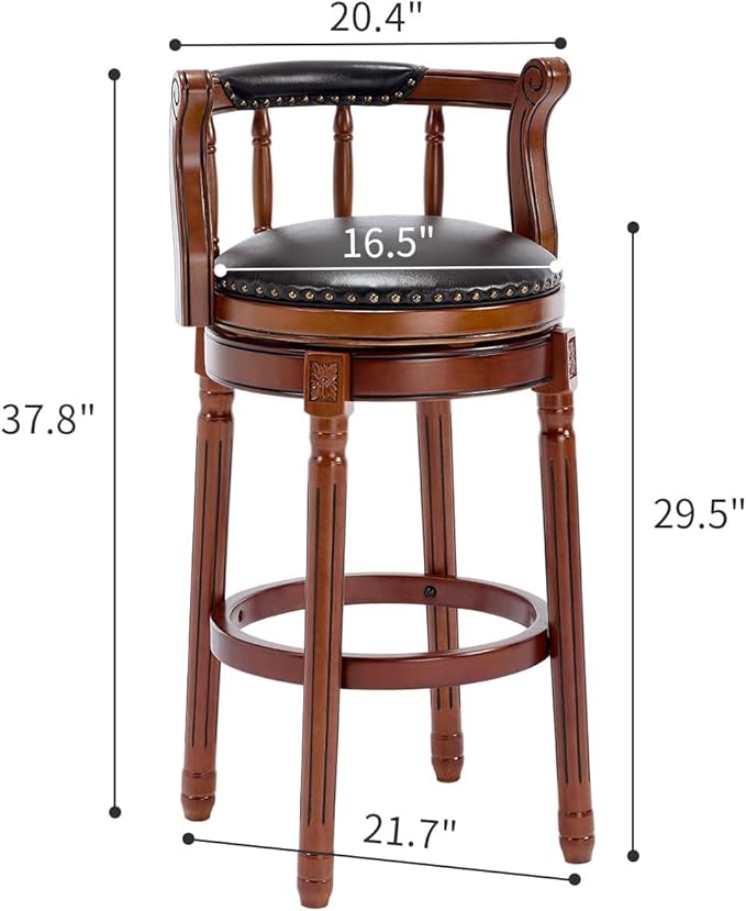 Cow top Leather Wooden Bar Stools, 360 Degree Swivel Bar Height Chair with Backs for Home Kitchen Counter, Morden Chair Barstools (Black-2pc, Bar Height-Seat Height 29.5”)
