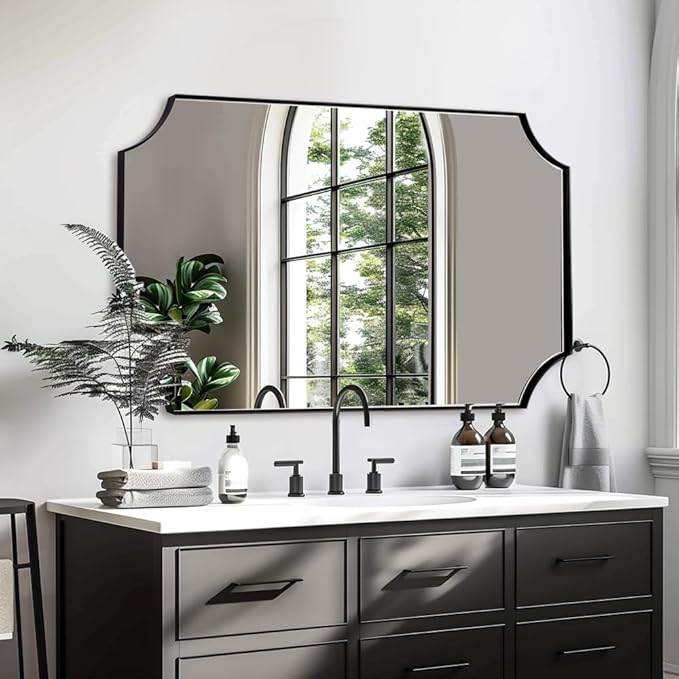 ANDY STAR 24x40 Matte Black Mirror, Scalloped Mirror for Bathroom, Black Vanity Mirror, Unique Rectangle Bathroom Mirror with Aesthetic Scalloped Edge Design Ideal for Home Decor