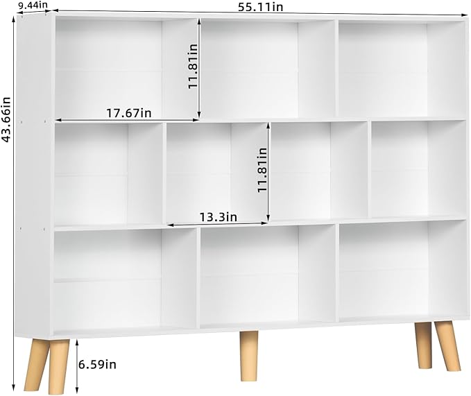 YAHARBO 10 Cube Large Bookshelf,3 Tier Bookcase with Legs,White Mid-Century Modern Bookshelves,Wide Free Standing Open Storage Organizer Shelf,Tall Wooden Book Case Furniture for Living Room,Office