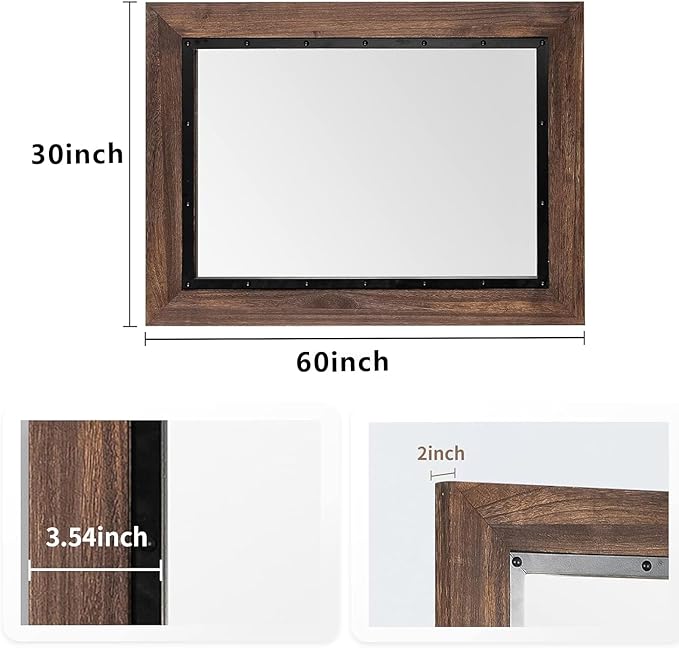 YOSHOOT Rustic Wooden Framed Wall Mirror, Natural Wood and Iron Bathroom Vanity Mirror for Farmhouse Decor, Vertical or Horizontal Hanging, 60" x 30", Brown