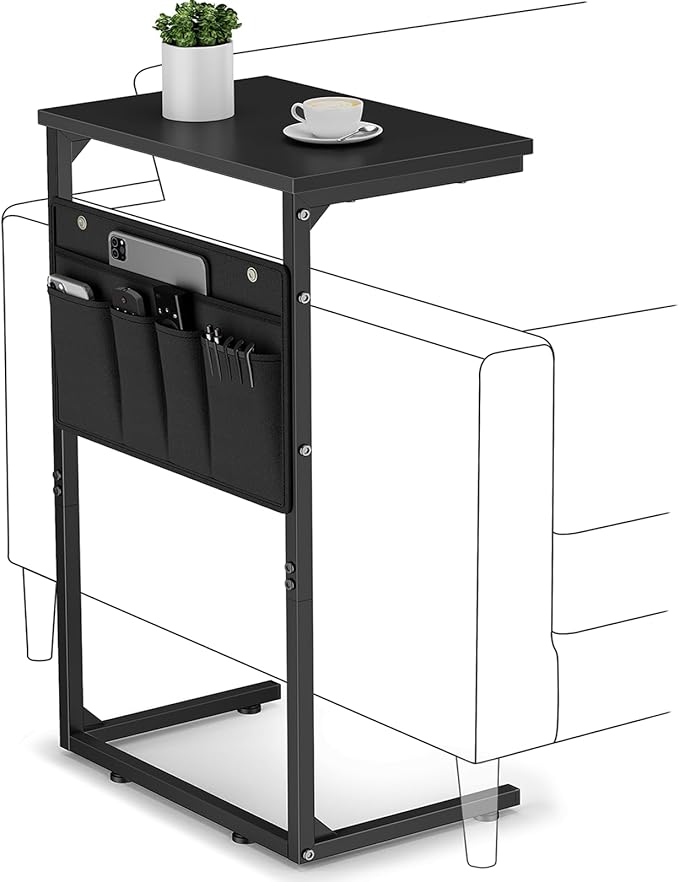 Vagusicc C Shaped End Table Set of 2, Tall Side Table for Sofa, Small Couch Side With Storage Bag, TV Tray for Small Spaces, Sturdy Slide Under Sofa With Metal Frame for Living Room