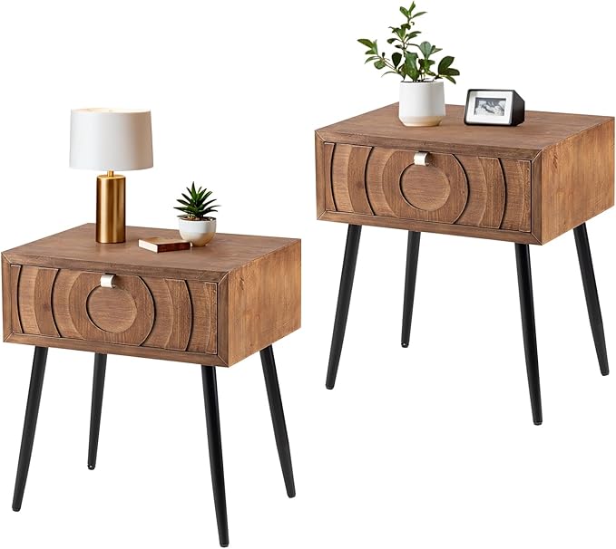 COSIEST End Tables Set of 2, Mid Century Modern Nightstands, Wood Bedside Tables, Accent End Tables with One Storage Drawer for Living Room, Bedroom (Brown, Circle Pattern)